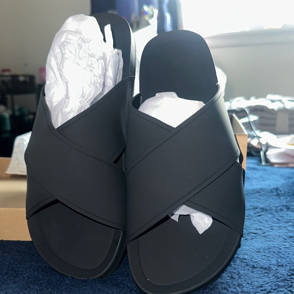 Black Slide Sandals with Textured Soles